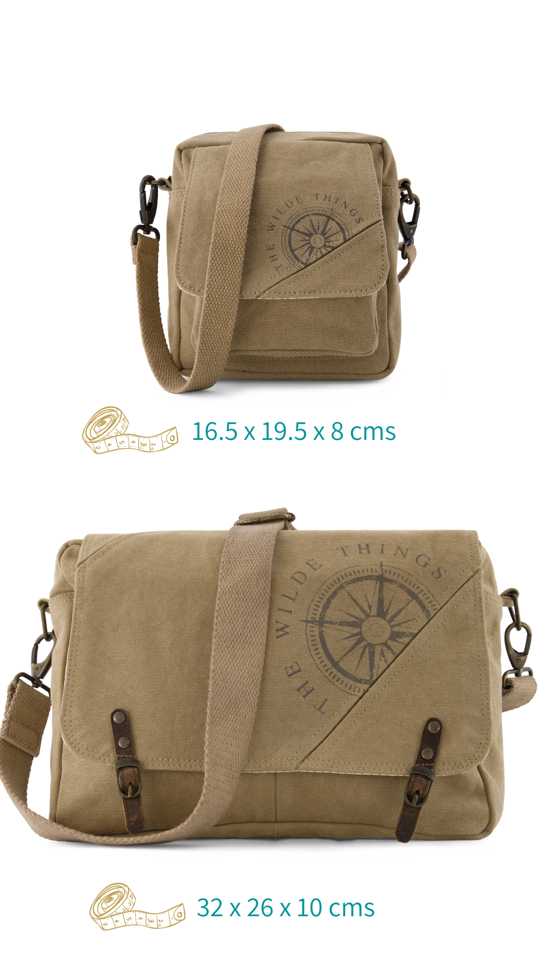 measurements showing the size comparison of 2 canvas crossbody bags on a white background