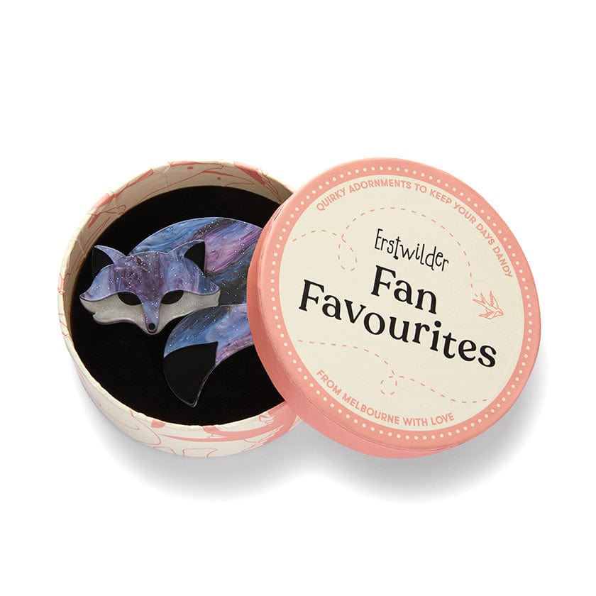 Saffron the Sleeping Fox, Erstwilder Brooch. Lilac Glitter