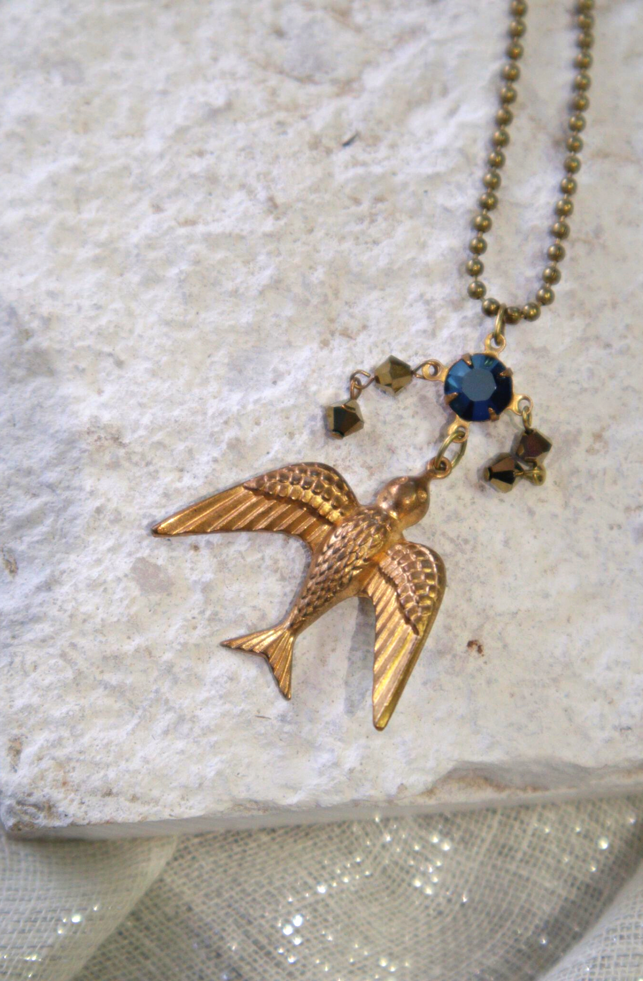 Swallow's Dive Vintage Brass & Swarovski Crystal Pendant