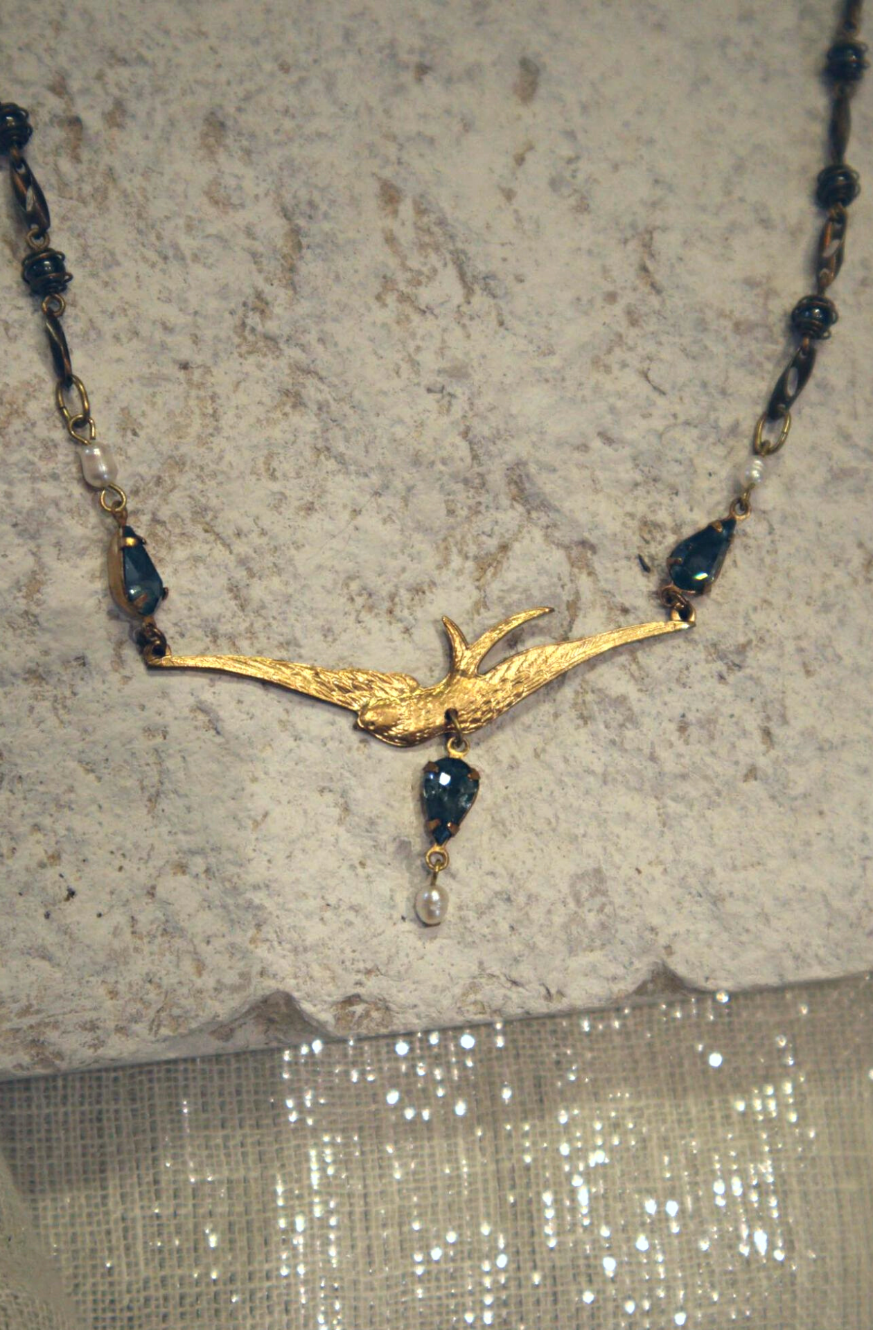 Swallow Vintage Necklet. Indian Sapphire Swarovski crystals.