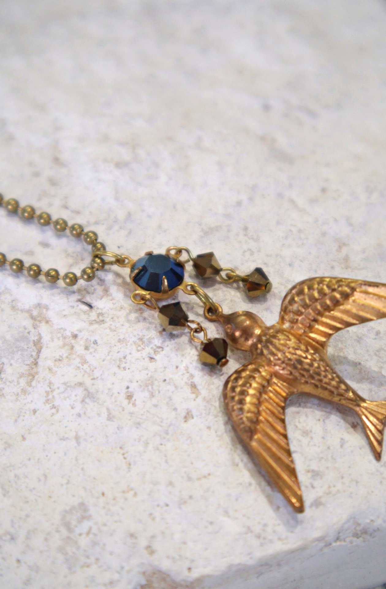 Swallow's Dive Vintage Brass & Swarovski Crystal Pendant