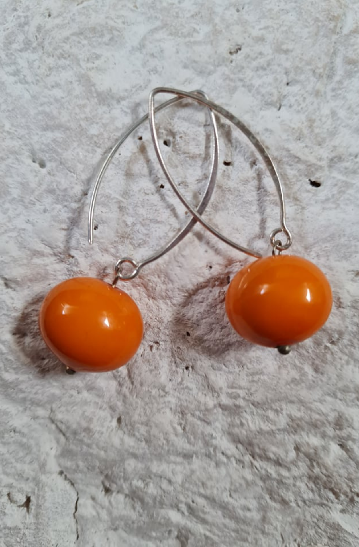 pearl ball drop earrings| faux pearl earrings| orange earrings| sterling silver pearl earrings| shell based earrings| 