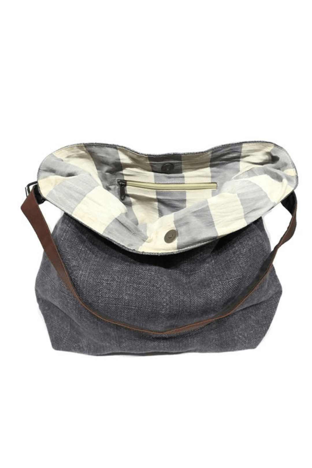 Charcoal grey sustainable jute shoukder bag folded open so the striped lining is showing
