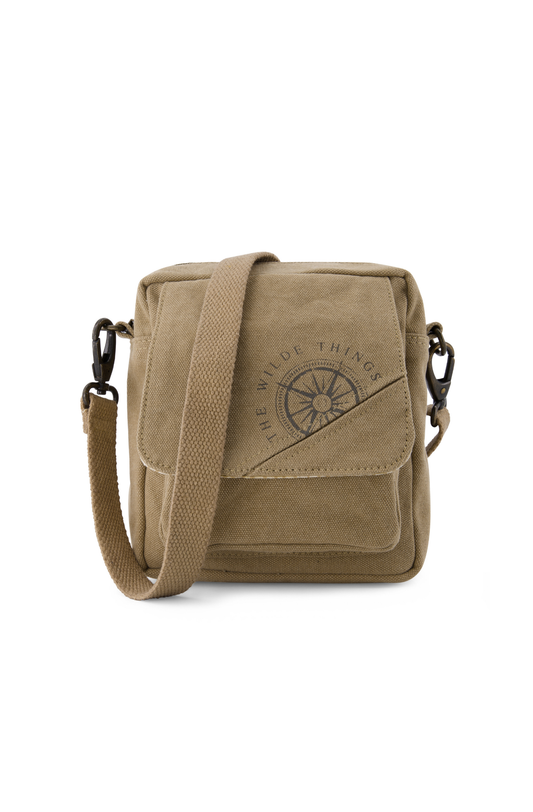 Hard wearing canvas mini crossbody bag with fully adjustable/removable  strap showing compass logo