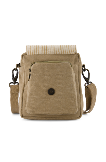 Hard wearing canvas mini crossbody bag with fully adjustable/removable  strap showing exterior pocket under front flap, with detail of striped cotton liniing visible. also visible is the magnetic closure under the front flap