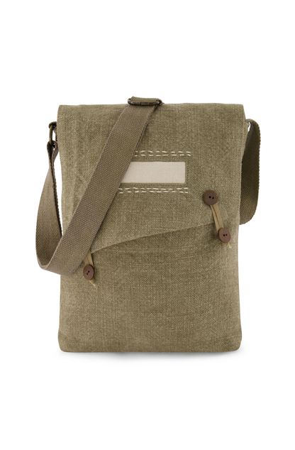 Eco-friendly jute soft sided cross body or shoulder bag, vegan friendy with long adjustable strap in earthy khaki colour