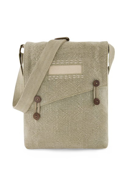 Eco-friendly jute soft sided cross body or shoulder bag, vegan friendy with long adjustable strap in soft earthy khaki coloureutral lichen colour