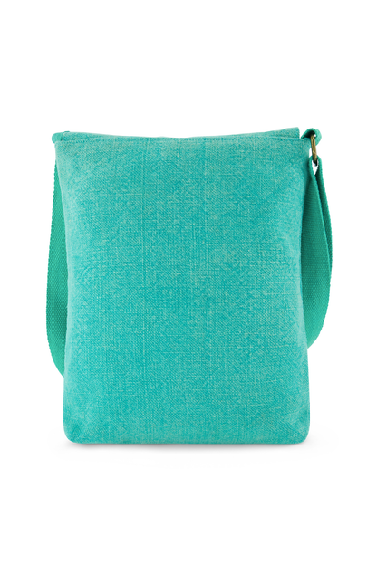 Eco-friendly jute soft sided cross body or shoulder bag, vegan friendy showing the smooth reverse side