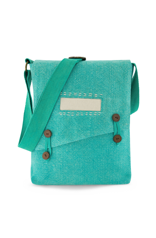 Eco-friendly jute soft sided cross body or shoulder bag, vegan friendy with long adjustable strap in a bright shade of turquoise