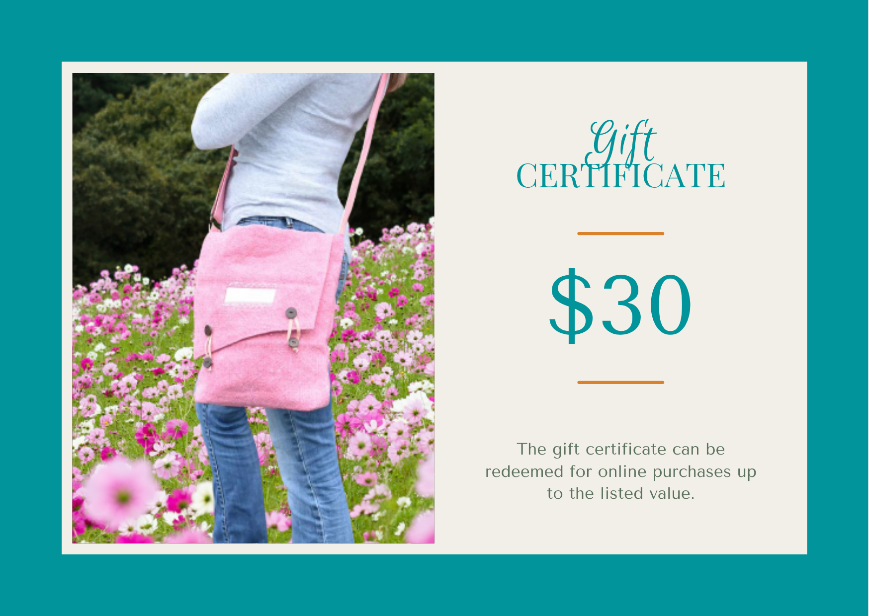 Person holding a pink bag in a floral field with a $30 gift certificate overlay.