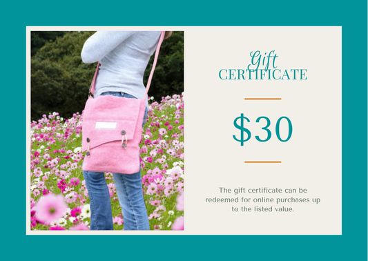 Person holding a pink bag in a floral field with a $30 gift certificate overlay.