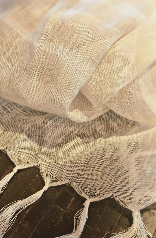 Pure linen fringed scarf woven in a stripe of sand and natural white