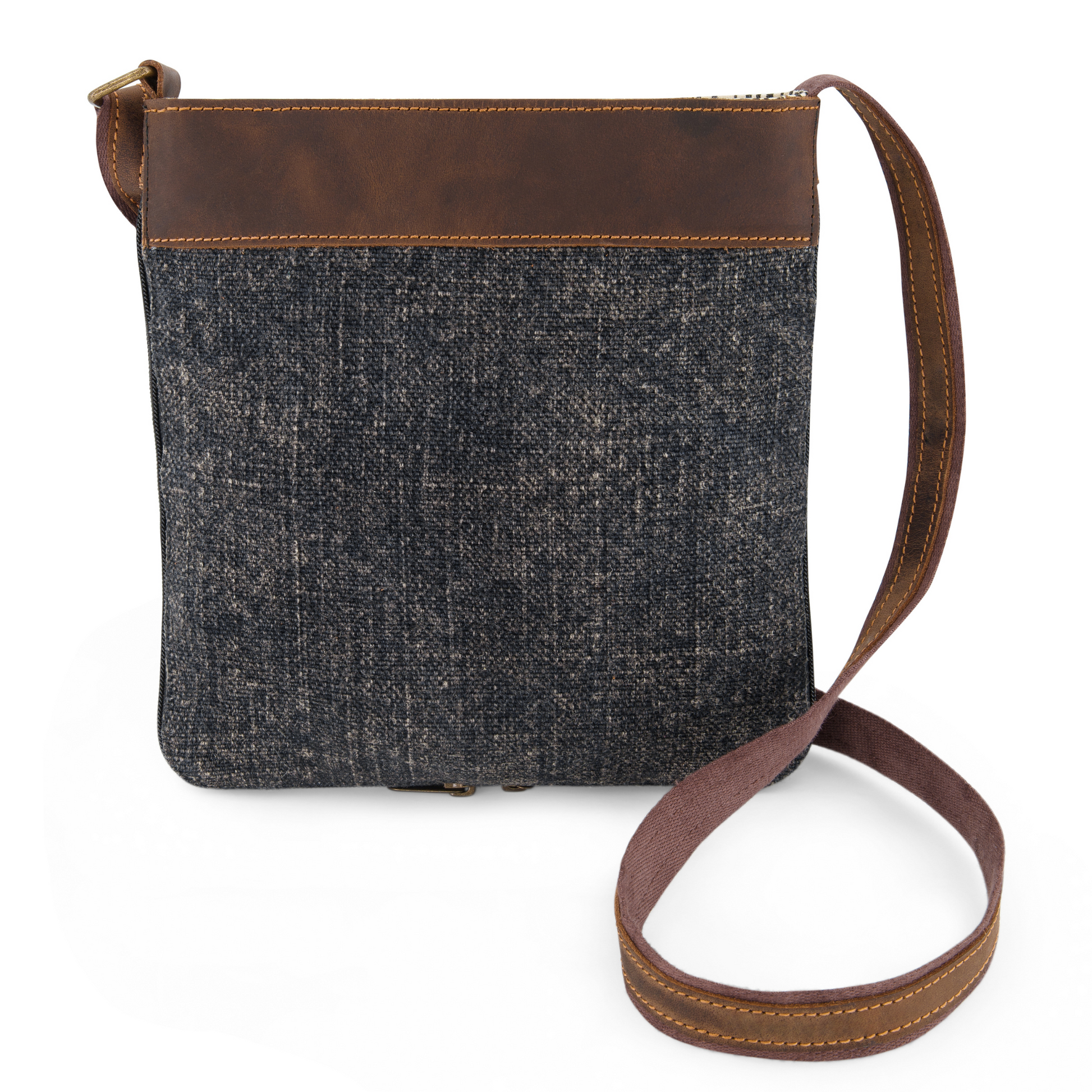 A Graphite coloured mini crossbody bag made from sustainable jute and soft leather trim