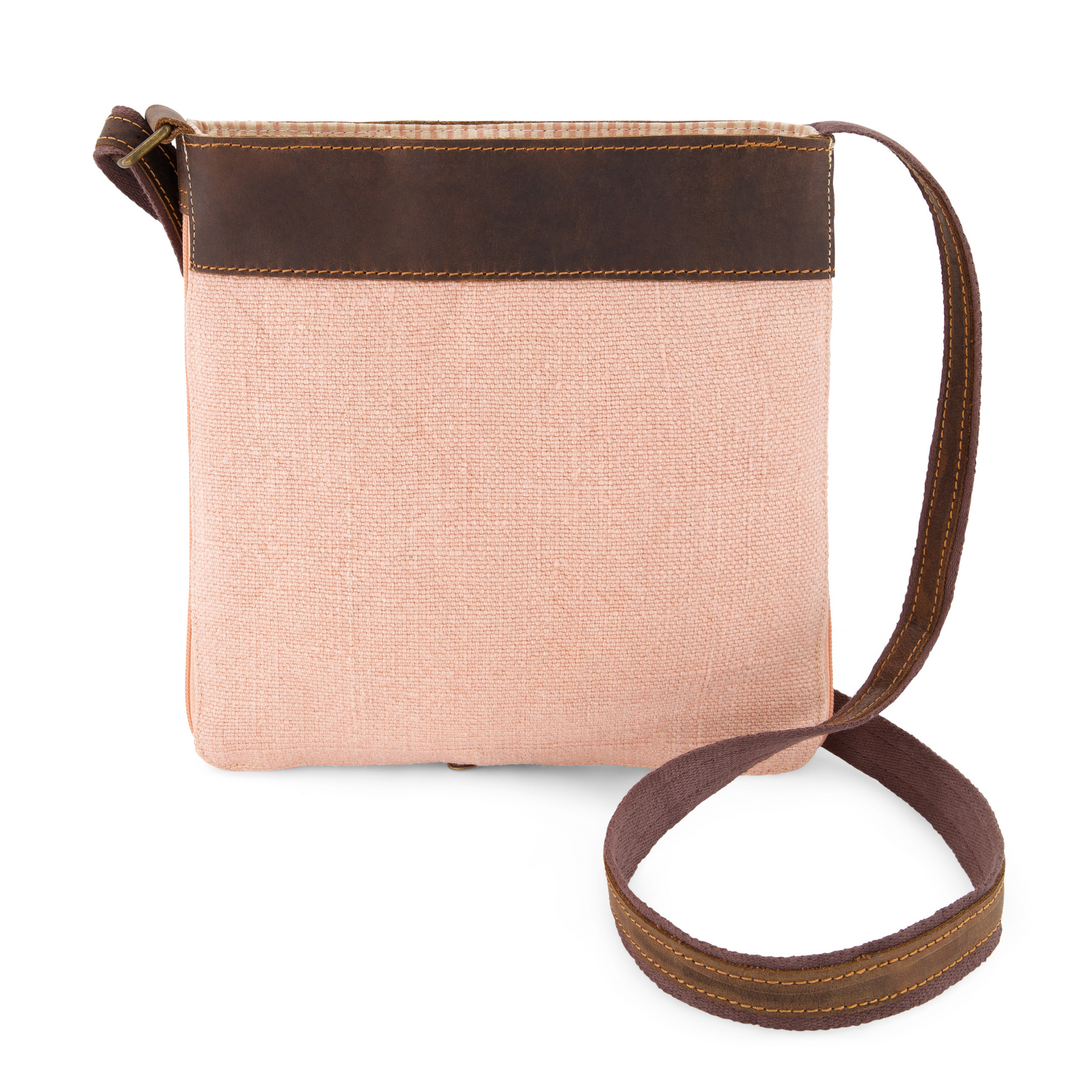 Peony coloured mini crossbody bag made from eco friendly jute with soft finished leather strap and trim