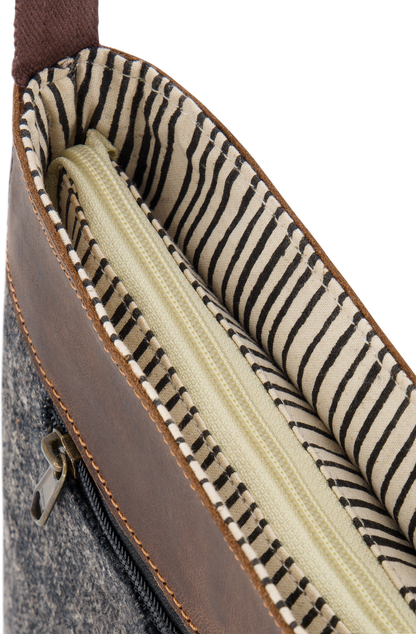Mini crossbosy bag showing top zip and striped cotton lining details. there is a zip across the reverse side of the bag, which woukd be hidden from view when worn, as it would be against the hip of the wearer.