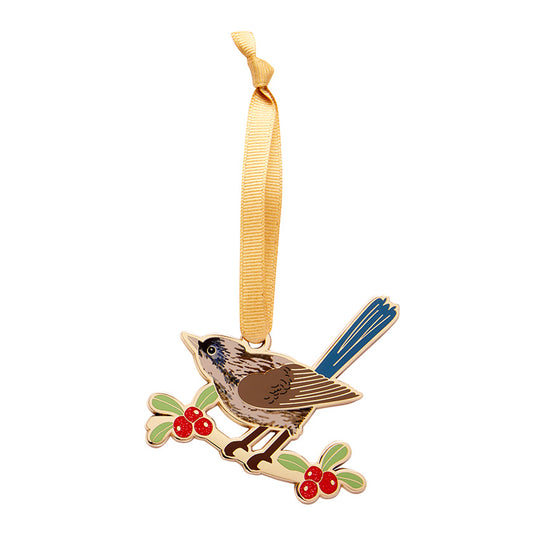 Holly Wagtail Enamel Christmas Ornament, by Erstwilder