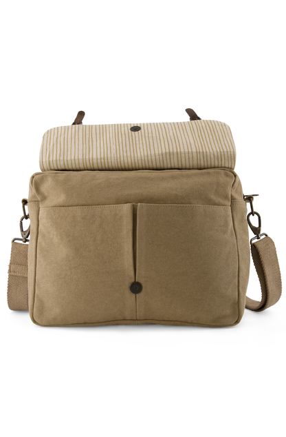 with top flap lifted up we can see the two front pockets of the khaki coloured canvas crossbody satchel,  the striped cotton lining and magnetic button