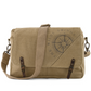 a canvas crossbody satchel with strap drapped over the front, showing compass logo screen printed on the front, leather tabs, and brass hardware attaching the adjustable strap to the sides of the satchel