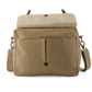 with top flap lifted up we can see the two front pockets of the khaki coloured canvas crossbody satchel,  the striped cotton lining and magnetic button