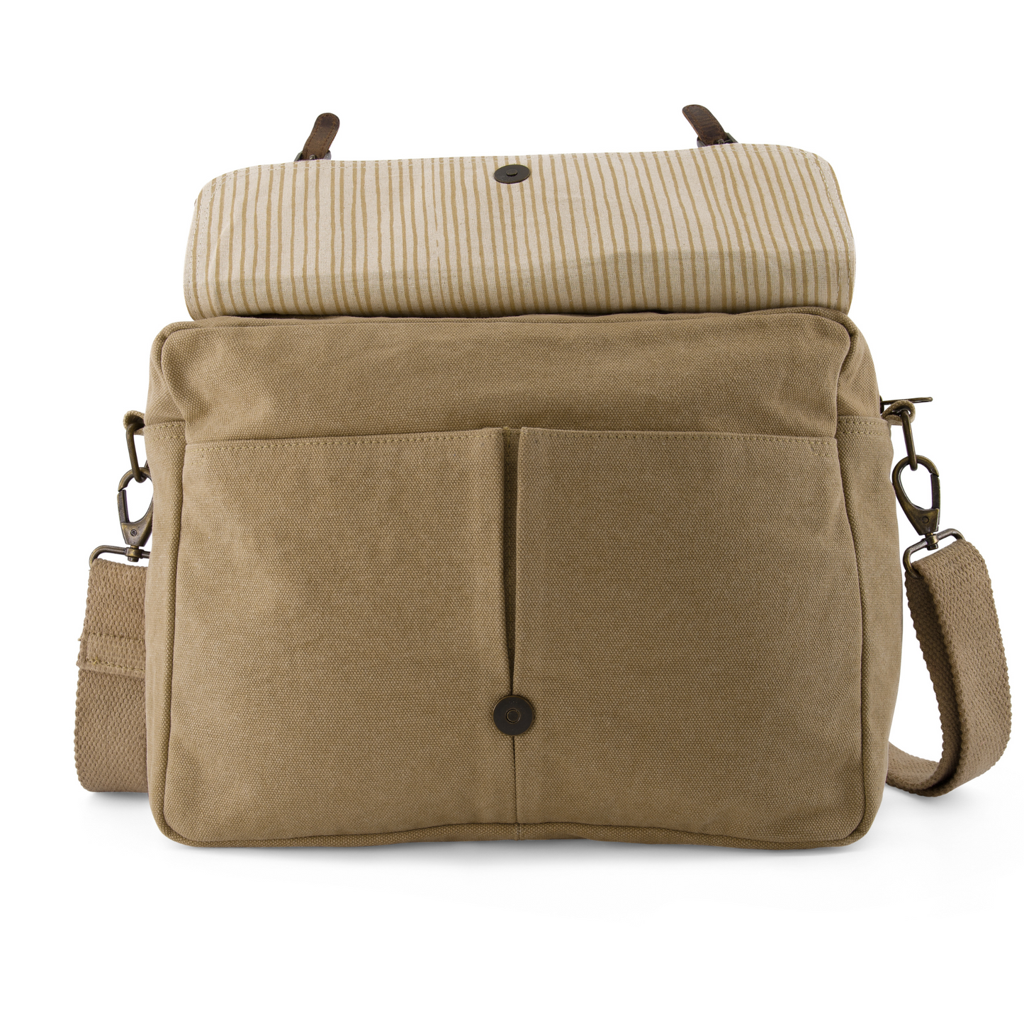 with top flap lifted up we can see the two front pockets of the khaki coloured canvas crossbody satchel,  the striped cotton lining and magnetic button