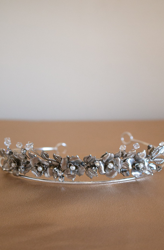 Wilde At Heart Antique Style Tiara Handmade in Melbourne featuring a band of antique silver camellia flowers and tiny leaves interspersed with small clear crystals