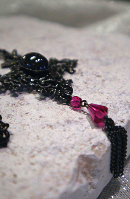 Amalfi Hematite Cross Pendant. Swarovski Fuchsia Crystal