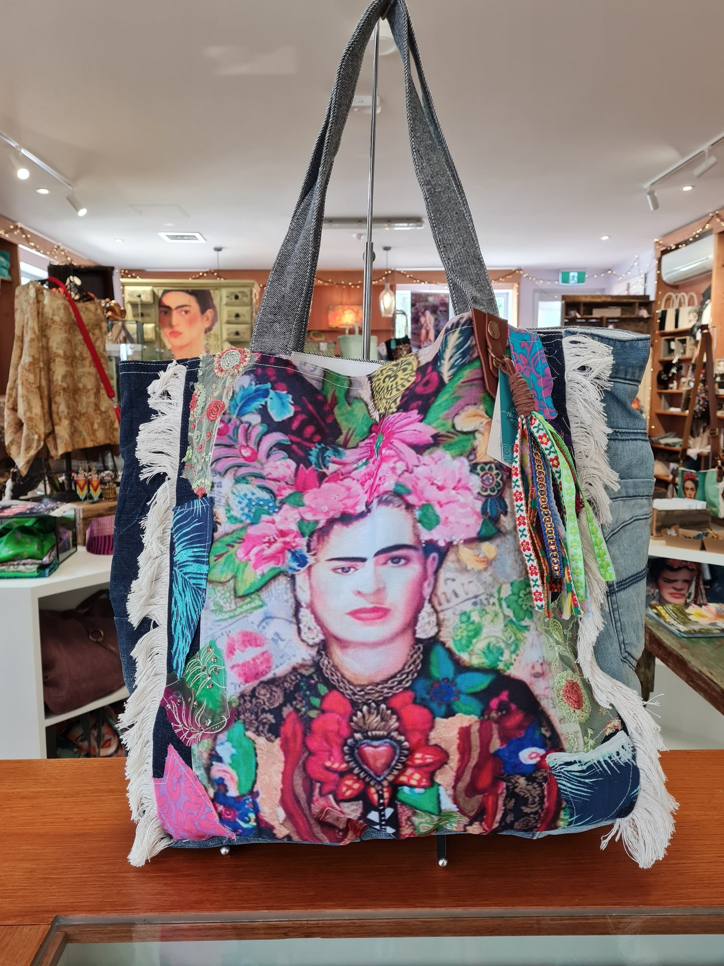 Frida Kahlo handmade, individual, recycled jeans bag. LUCKY LAST! Reduced to HALF PRICE!