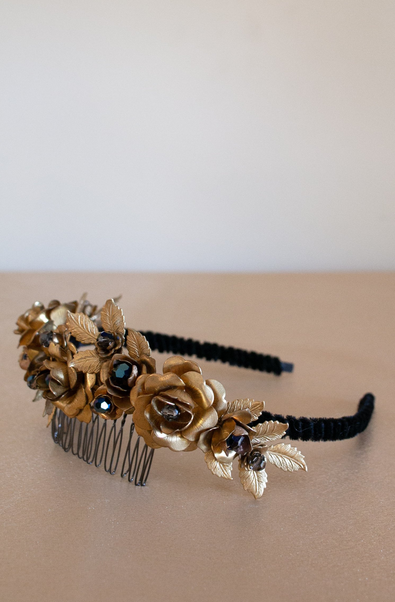 Wilde At Heart Melbourne handmade label brass headband set with Blue Metallic Swarovski crystals| side view