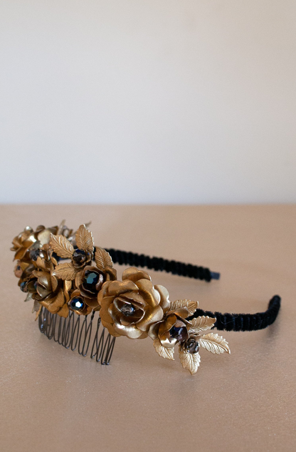 Wilde At Heart Melbourne handmade label brass headband set with Blue Metallic Swarovski crystals| side view