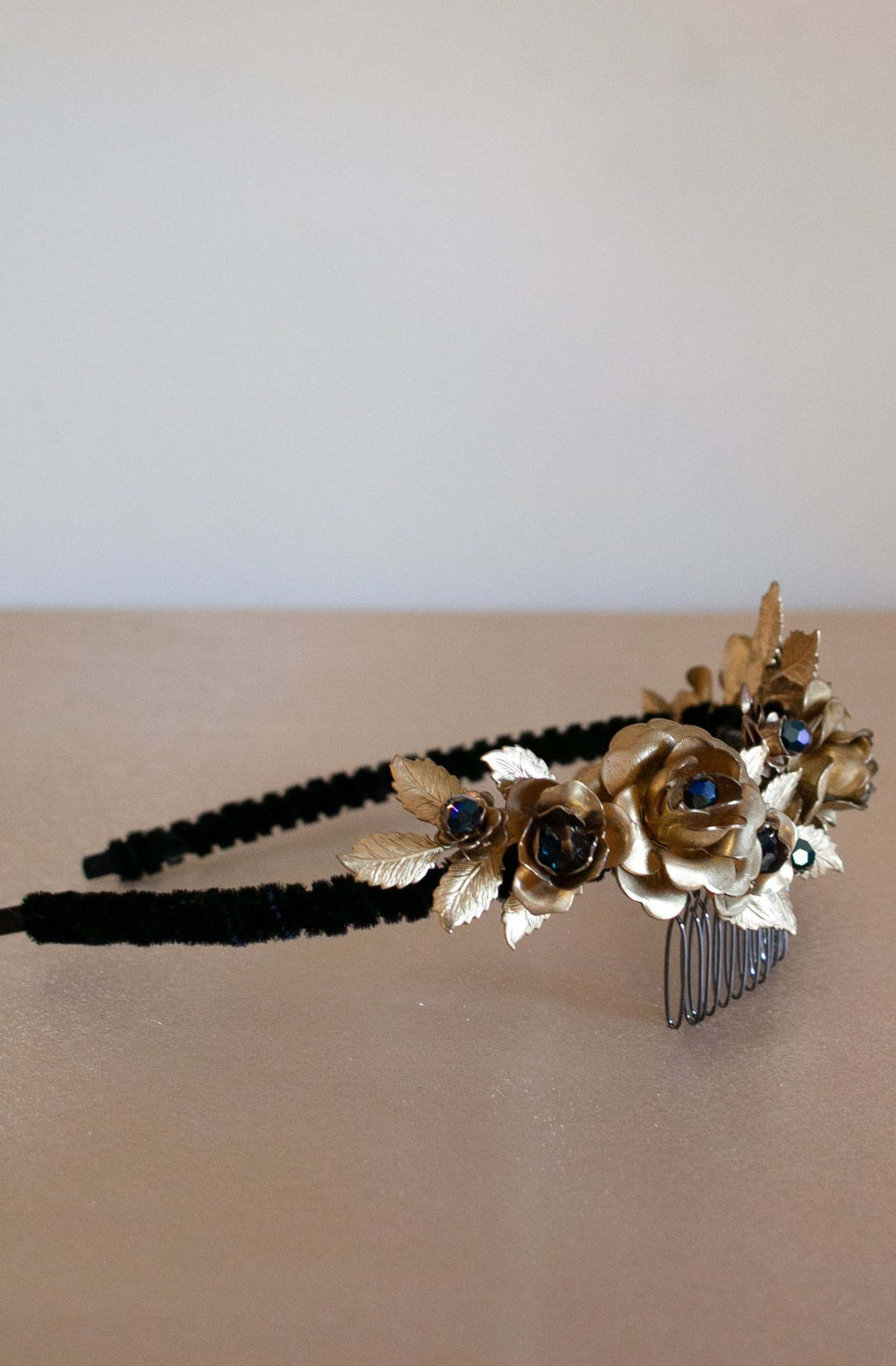 Wilde At Heart Melbourne handmade label brass headband set with Blue Metallic Swarovski crystalss| side view