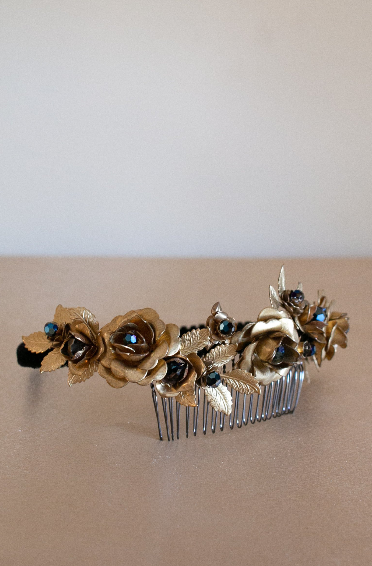 Wilde At Heart Melbourne handmade label brass headband set with Blue Metallic Swarovski crystals