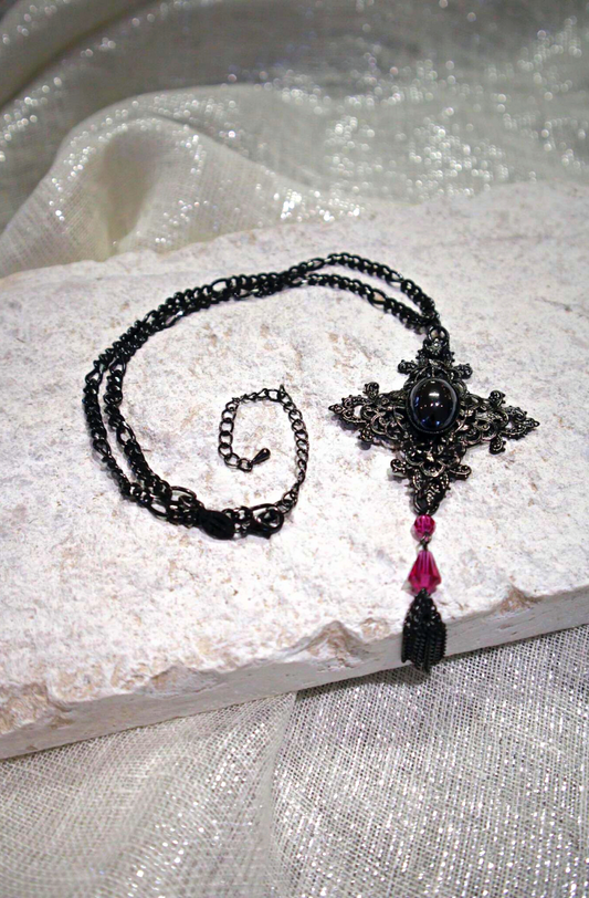 Amalfi Hematite Cross Pendant. Swarovski Fuchsia Crystal
