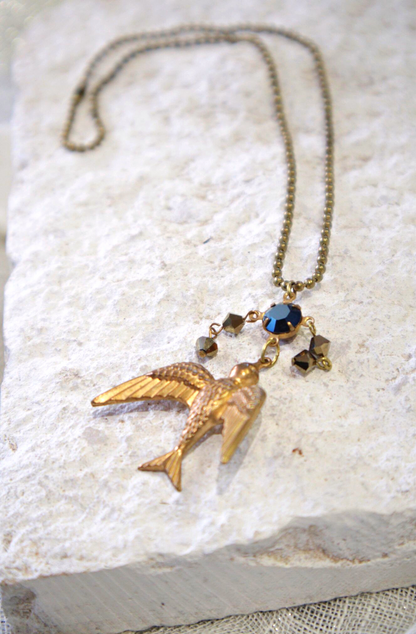 Swallow's Dive Vintage Brass & Swarovski Crystal Pendant