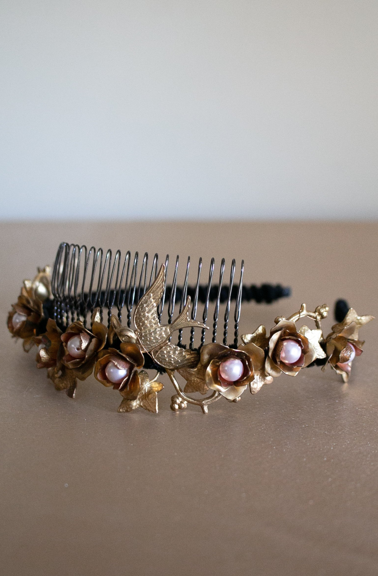 Wilde At Heart bespoke jewellery Swallow's Bird Headband featuring Swarovski Crystal pearls