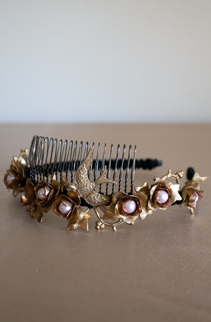 Wilde At Heart bespoke jewellery Swallow's Bird Headband featuring Swarovski Crystal pearls