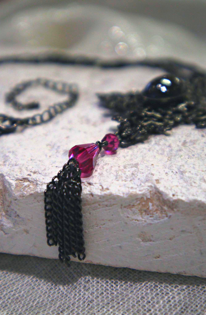 Amalfi Hematite Cross Pendant. Swarovski Fuchsia Crystal