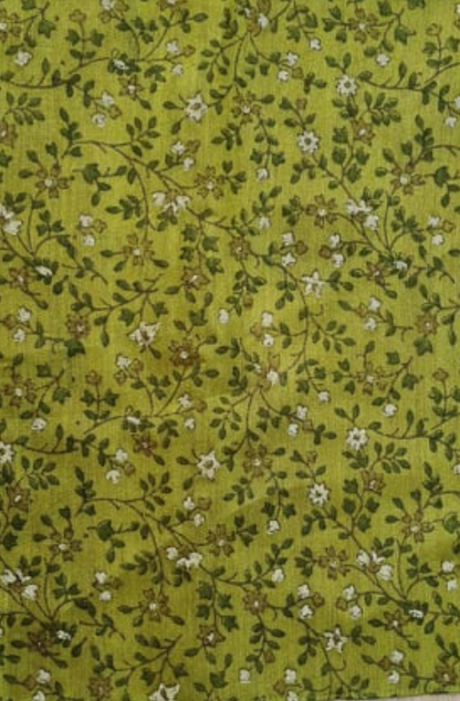 An olive green silk pocket square with a complimentary white and deeper green floral pattern