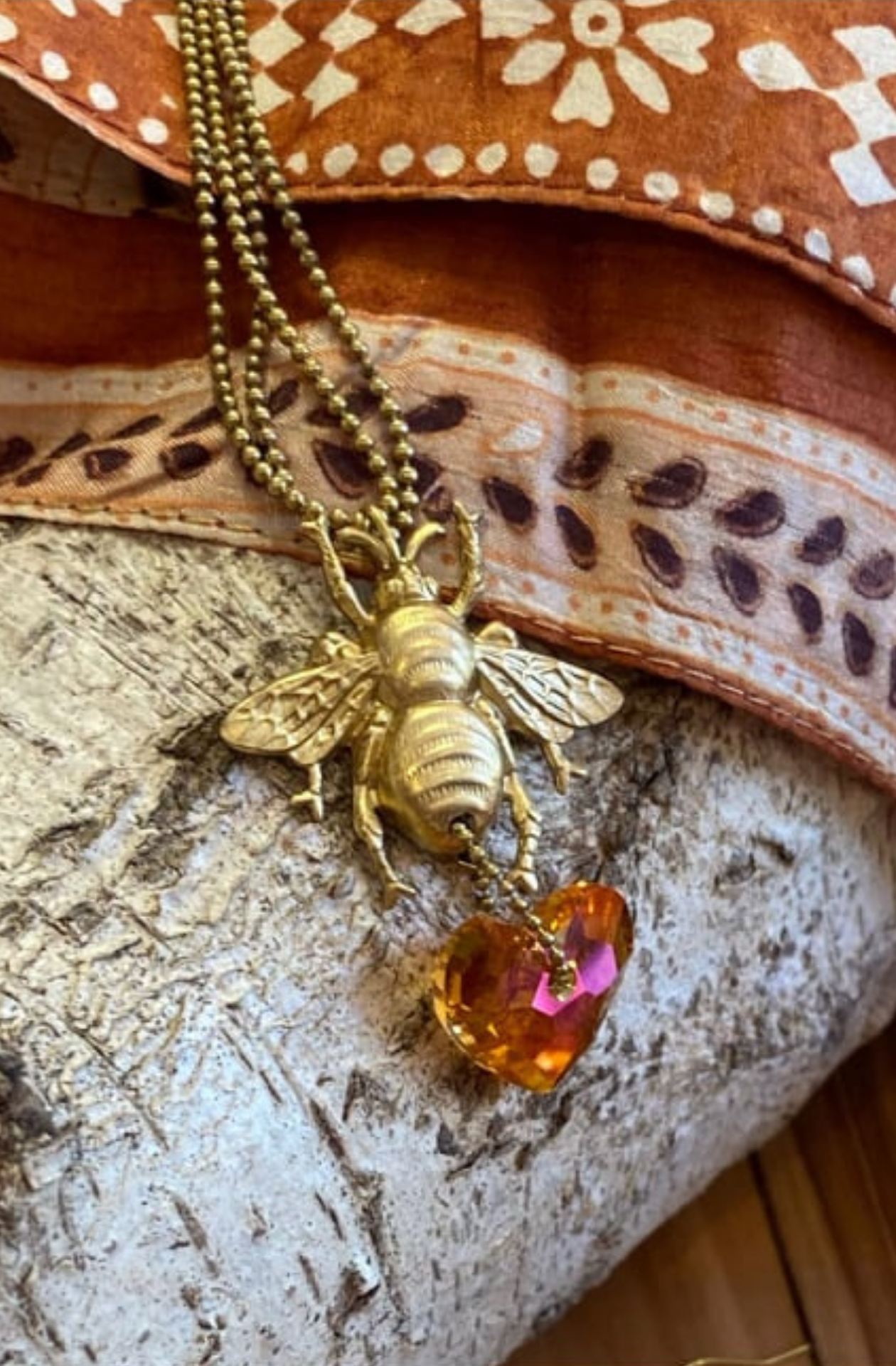 Honey  Bee Vintage Brass & Swarovski Crystal Astral Pink  Heart Pendant