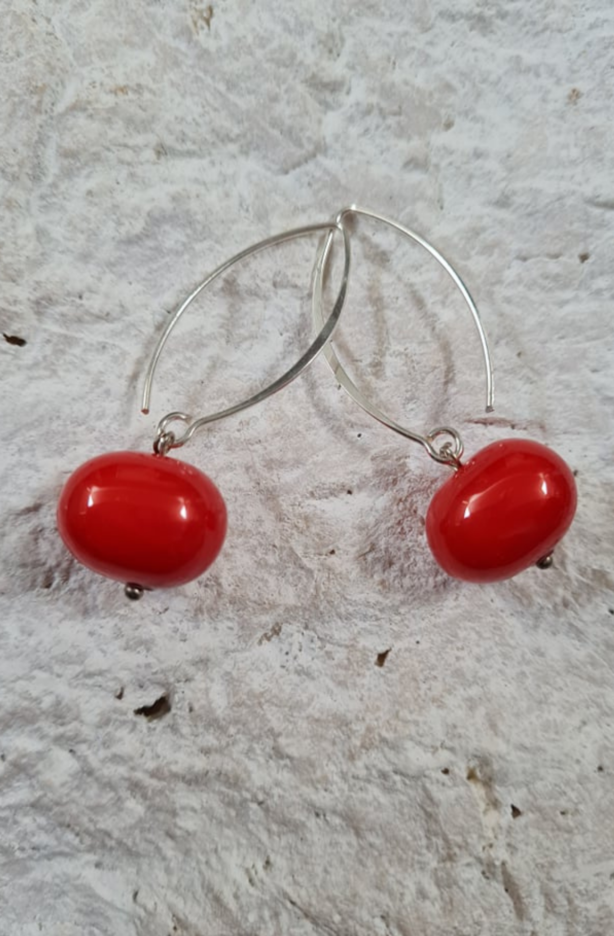 pearl ball drop earrings| faux pearl earrings| light red earrings| sterling silver pearl earrings| shell based earrings| 