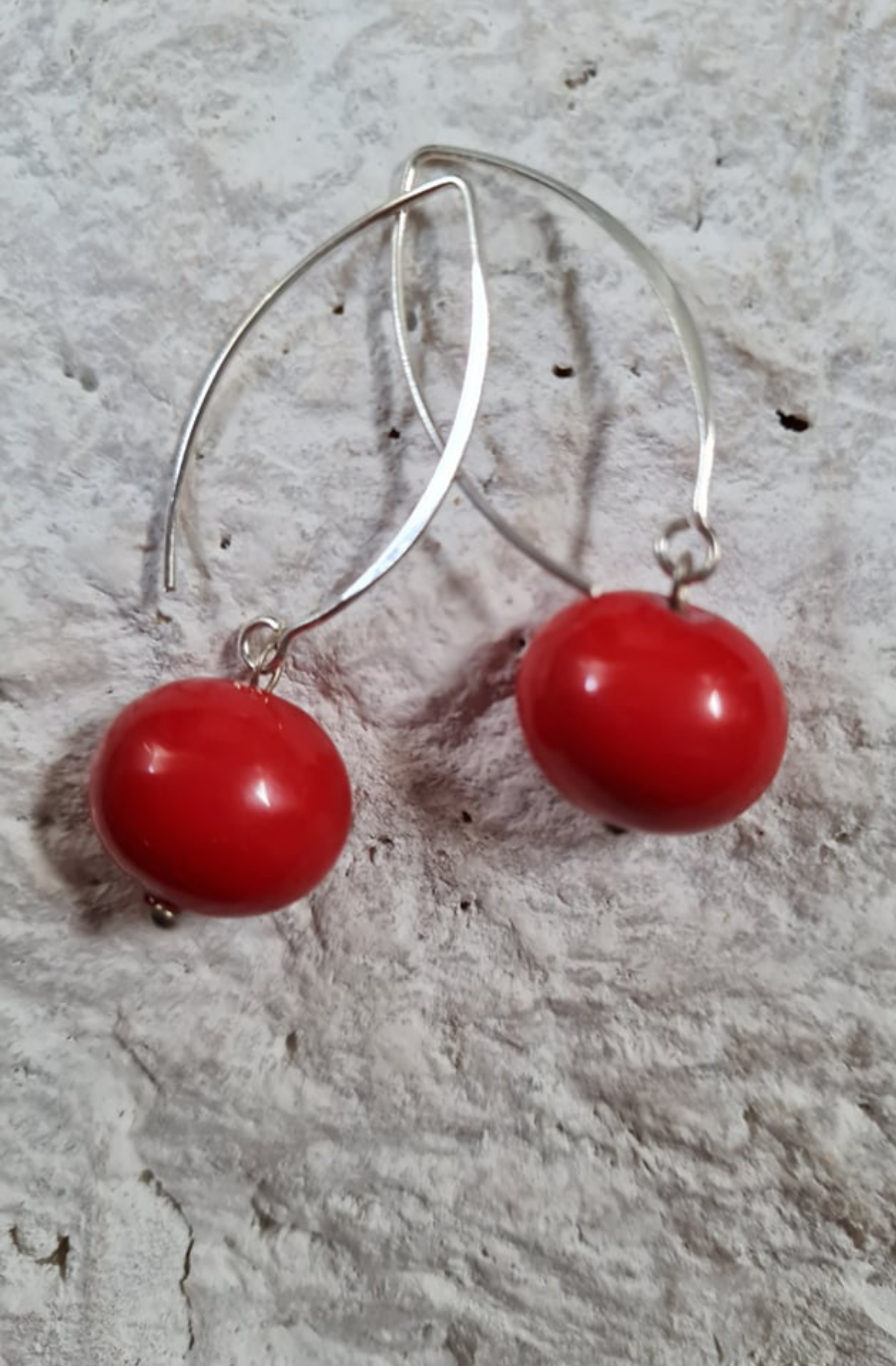 pearl ball drop earrings| faux pearl earrings| red earrings| sterling silver pearl earrings| shell based earrings| 
