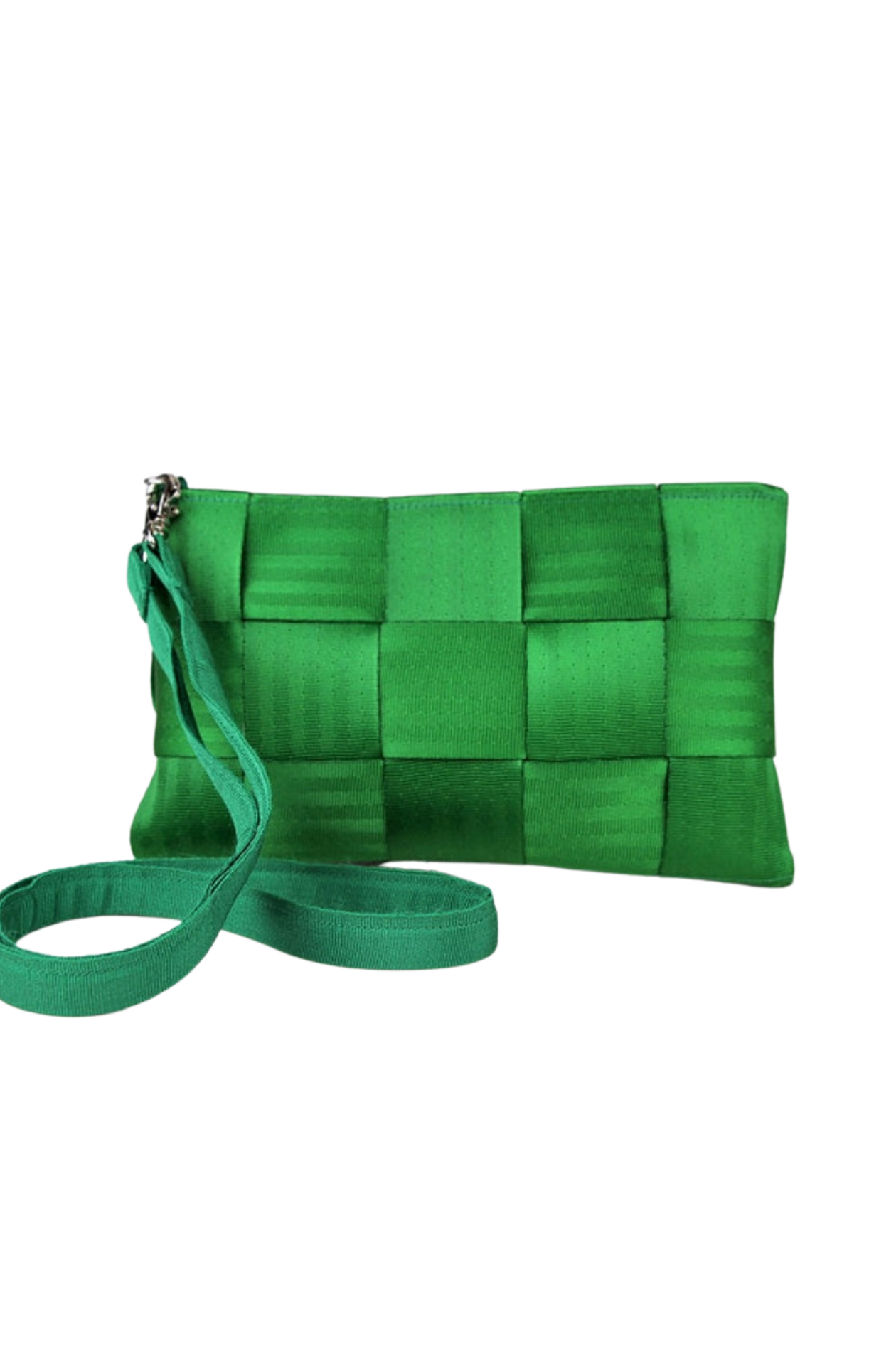 Upcycled car seat belt bag in Emerald City. A bright rich green criss cross pattern with seatbelt texture, and a long over the shoulder style strap.