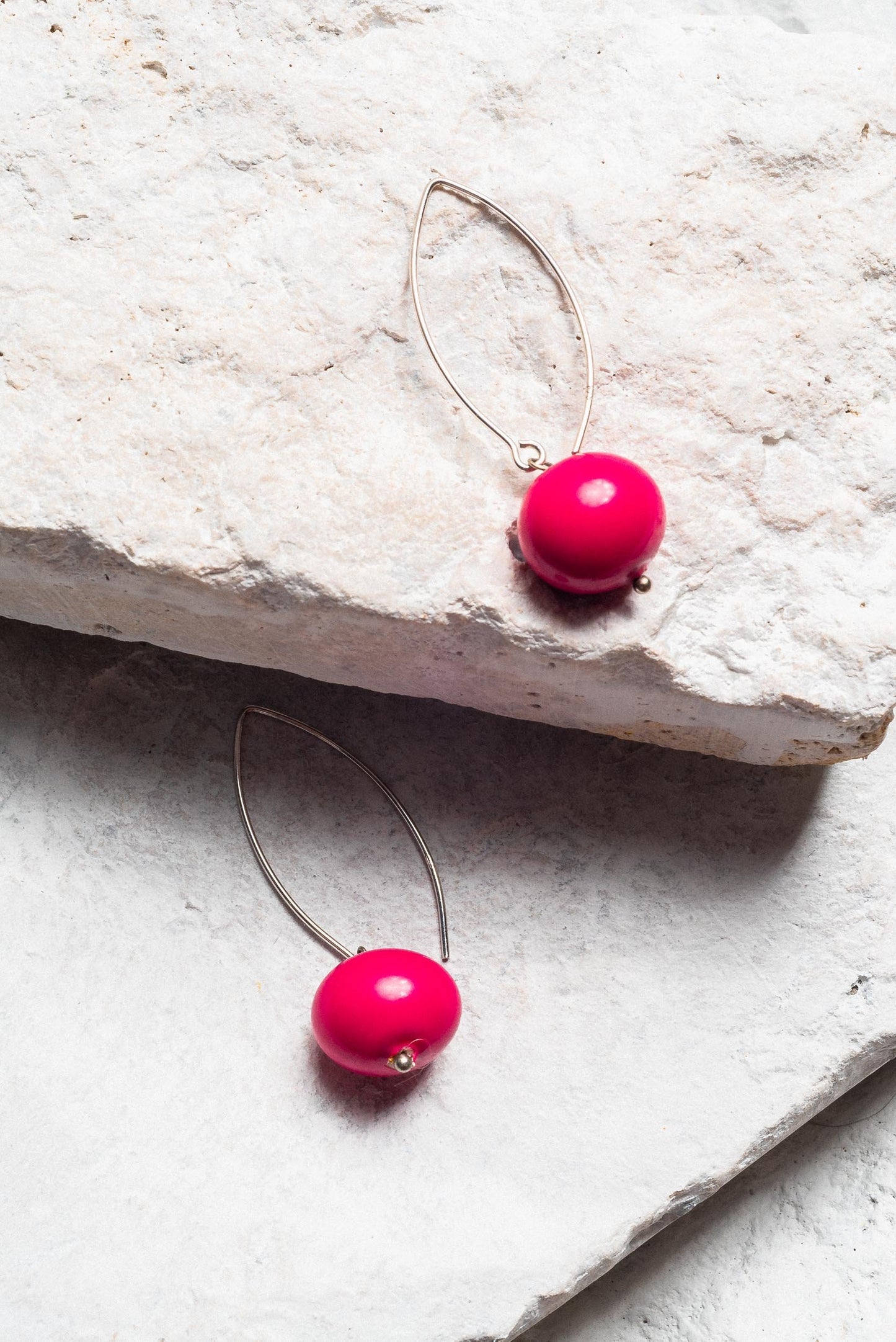 pearl ball drop earrings| faux pearl earrings| hot pink earrings| sterling silver pearl earrings| shell based earrings| 